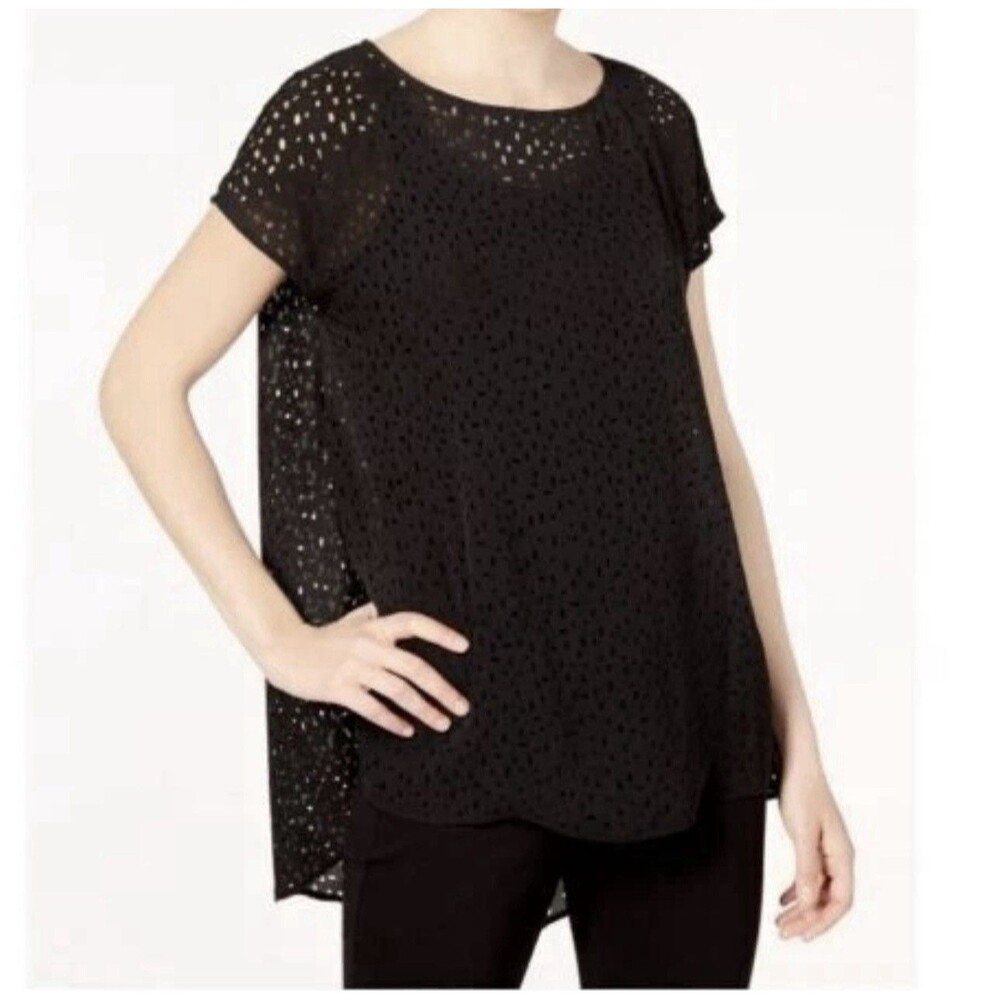 Eileen Fisher Black Silk Confetti Laser Cut Tunic Blouse Size PM Short Sleeve